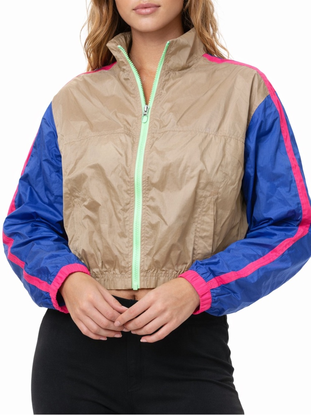 Fabletics Colorblock Crop Bomber Jacket in Tan, Blue & Pink
